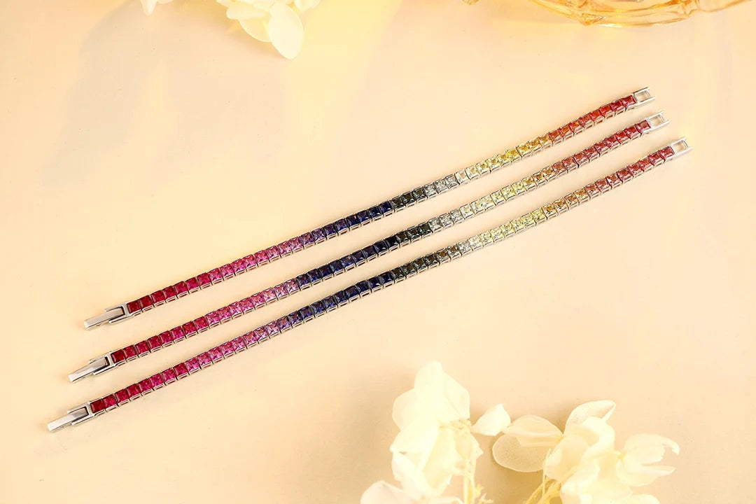 Gemfiori 925 Silver Rainbow Color Lab Grown Sapphire Tennis Bracelet 3.3mm Princess Shape Rainbow Gemstones 17/18/19cm Length Custom