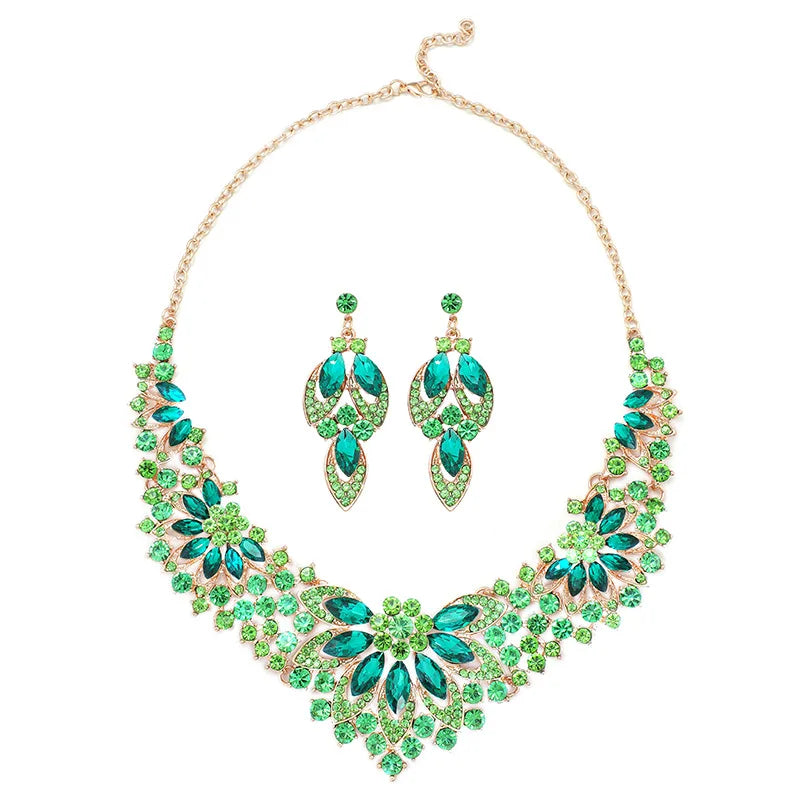 Retro Leaves & Flowers Crystal Necklace & Earrings Set | Exaggerated Luxury Bridal Jewellery | 10 Colours