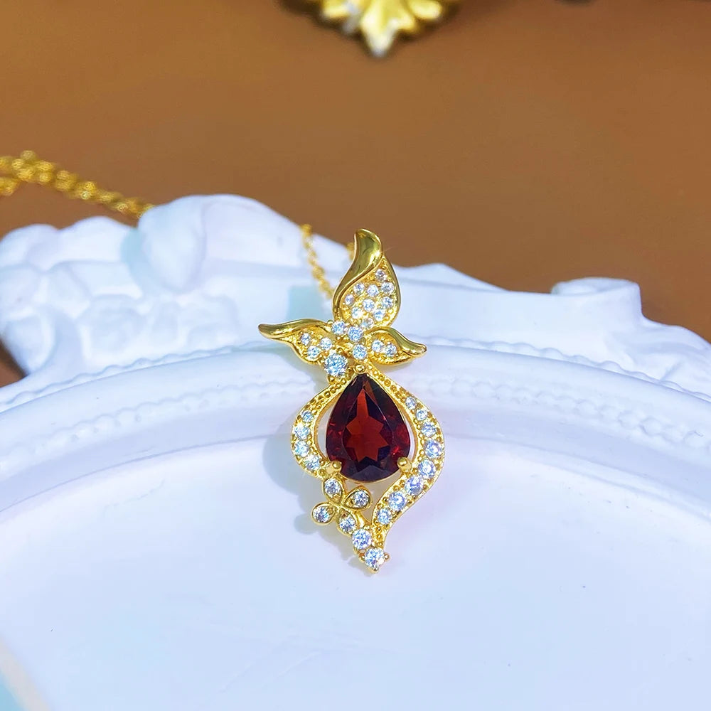 Gioiellieri Natural Garnet Pendant Necklace 925 Sterling Silver Rhodium/Gold Plated Luxury Trendy Women's Engagement Anniversary Party Gifts