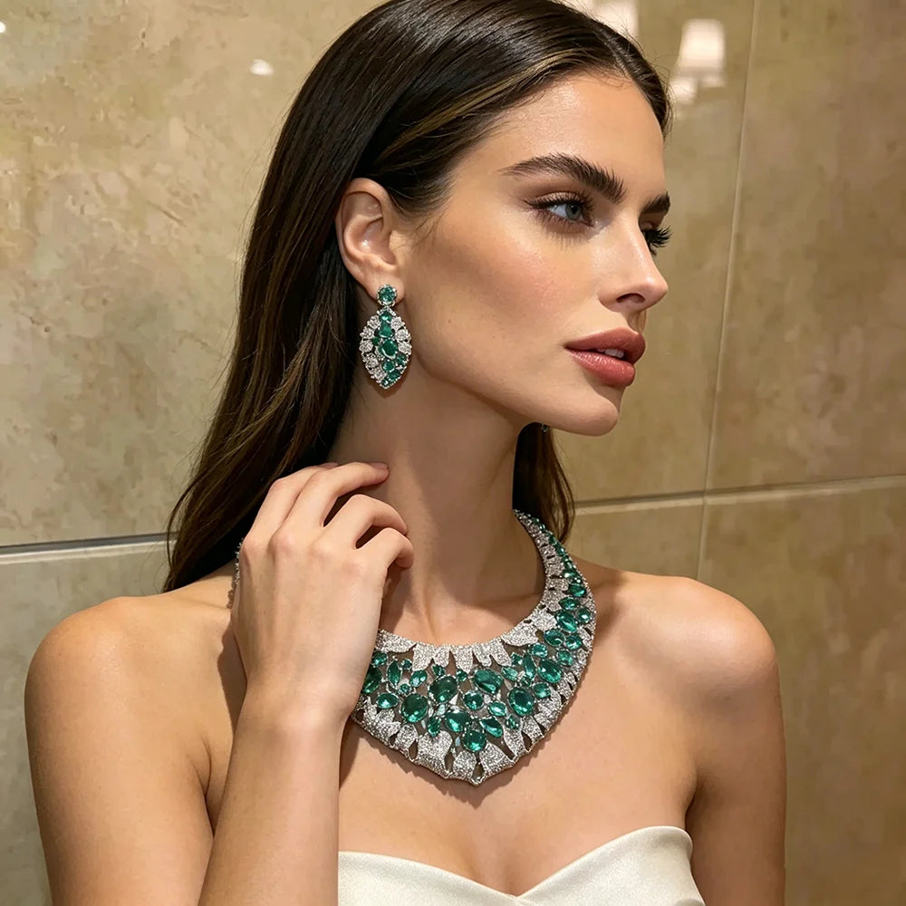 XM S298 Copper Silver Plated Natural Stone Statement Necklace and Earrings Jewelry Set for Women Wedding Gift