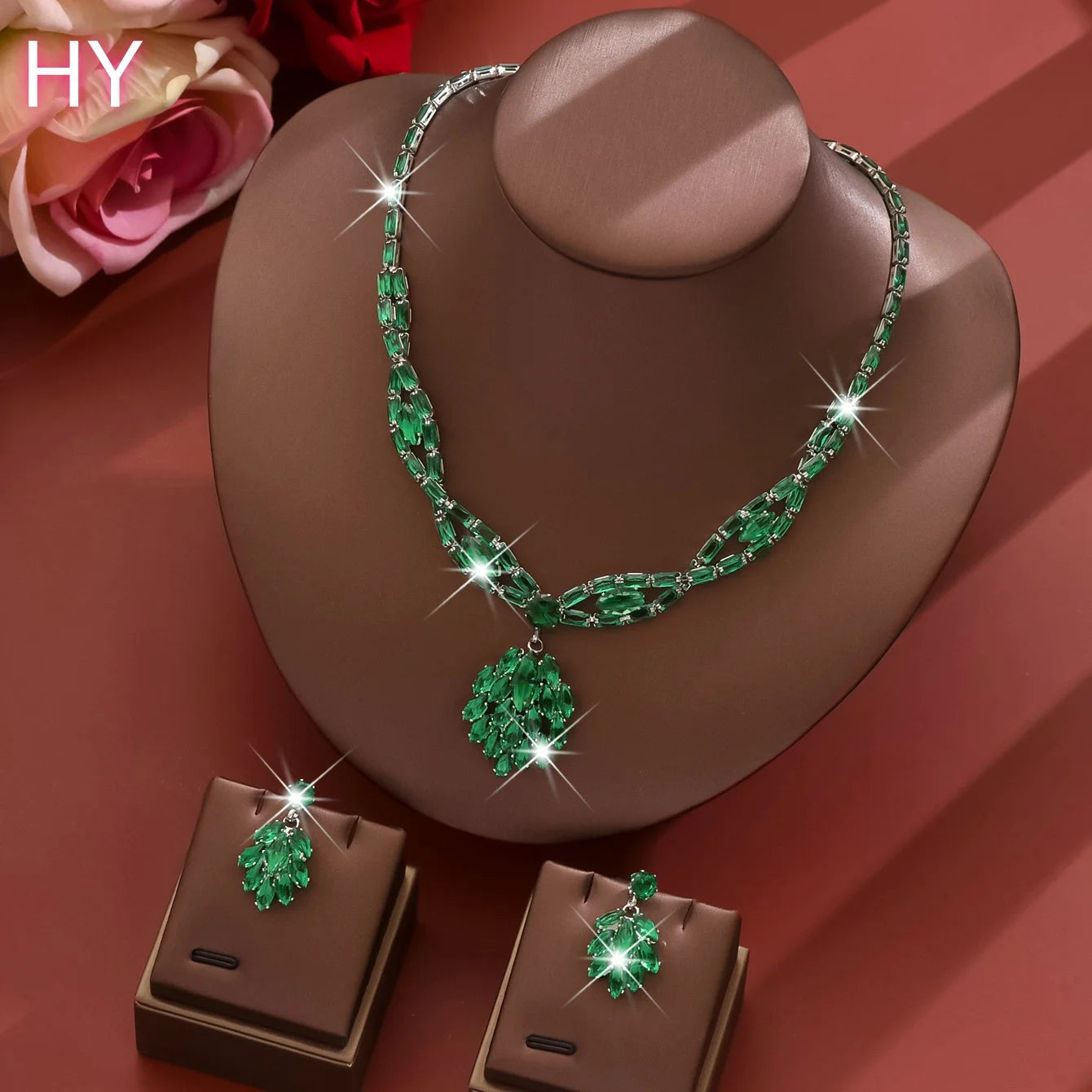 HY  Handmade Zircon Luxury Necklace Earring Set, Fashionable Water Droplet Pendant Jewelry