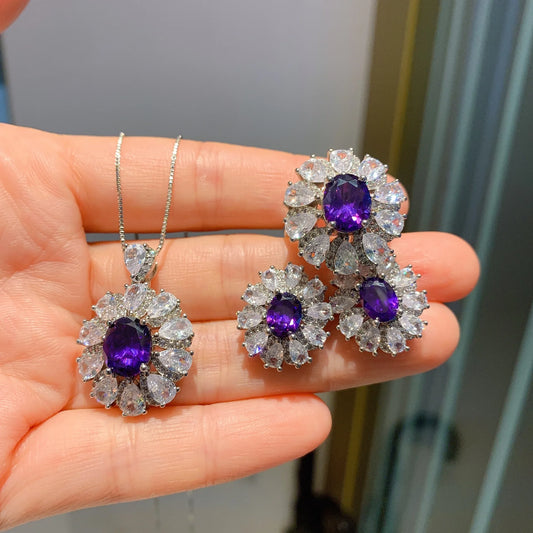 Gemfiori Luxury Jewelry Style Three Piece Set Purple Orchid Zircon Ring Light Luxury Pendant Temperament Earring Accessory