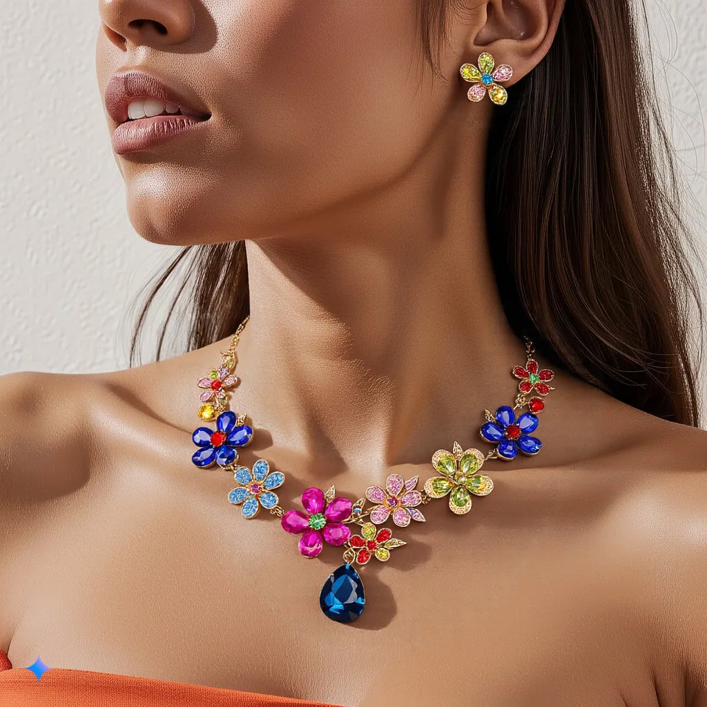 Crystal Flower Drop Necklace & Earrings Jewellery Set | Bridal & Party Occasion Fashion Set