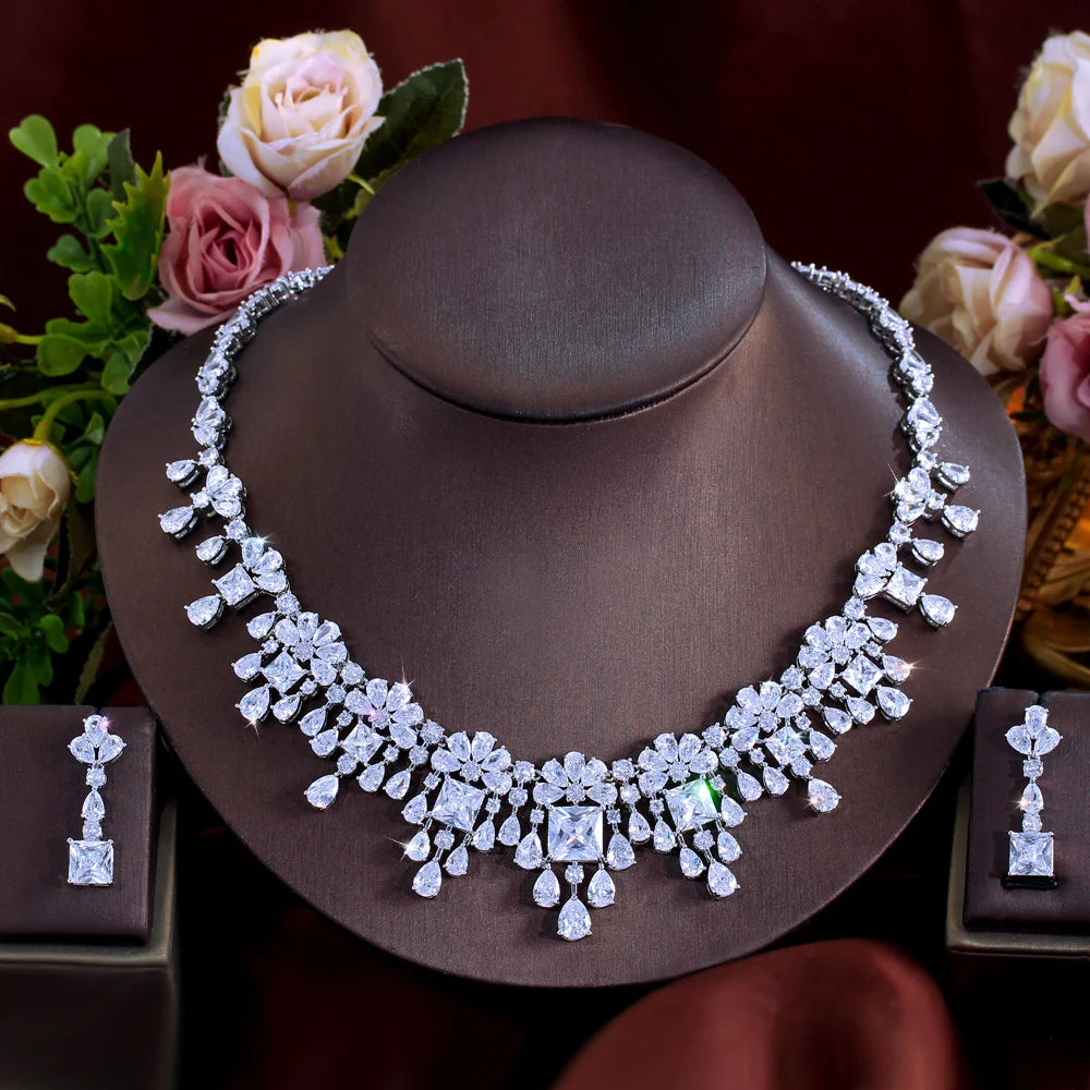 2pcs Necklace Earrings Gorgeous Yellow Square Zirconia Luxury Tassel Water Drop CZ Bridal Wedding Party Jewelry Set for Women