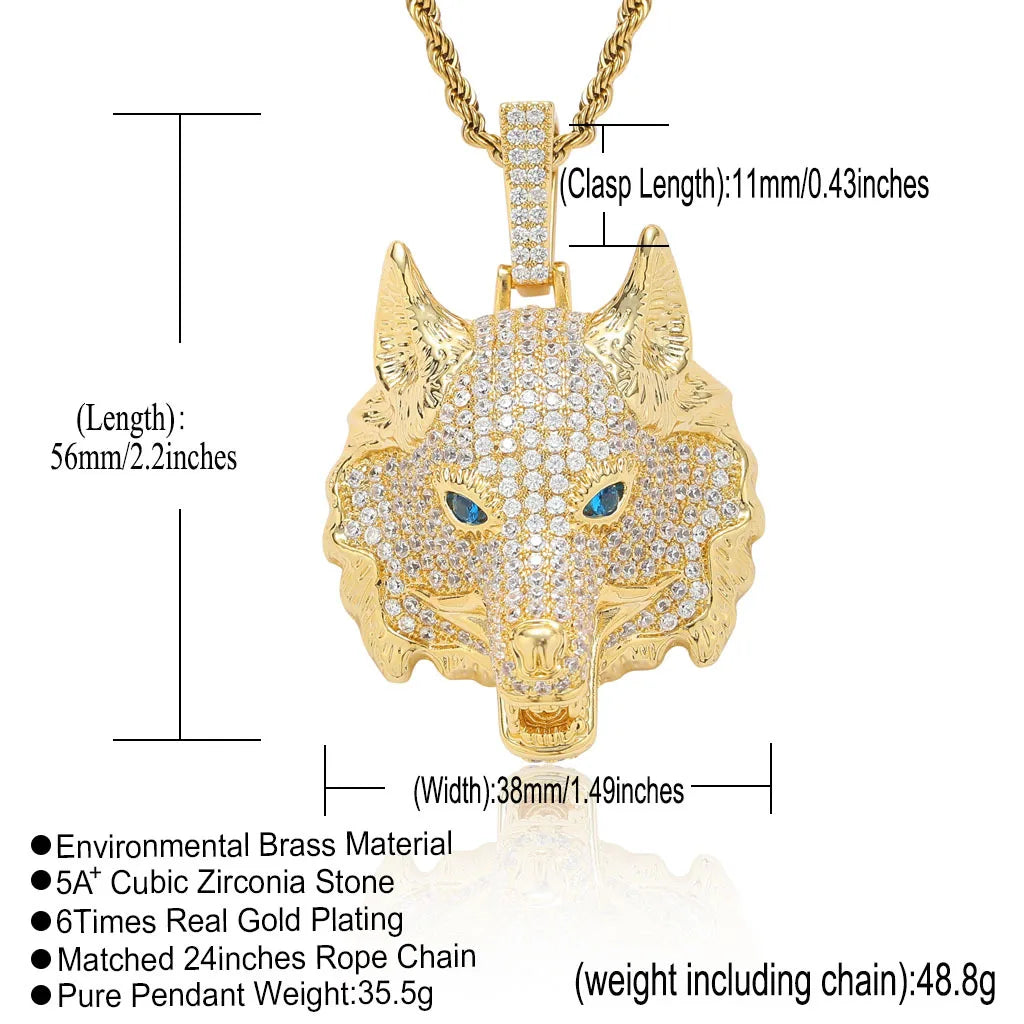 S&S Hip Hop Wolf Head Necklace Pendant with Micro Inlaid Zircon Men's Punk Collarbone Chain Trendy Accessory Gift