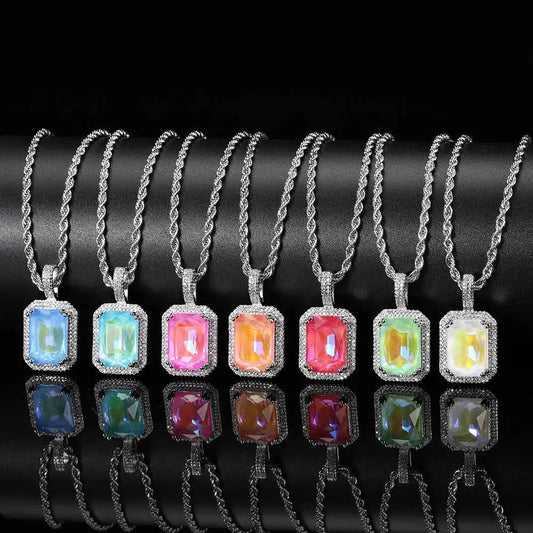 Luxury Bling Cubic Zirconia Jewelry Square Large Gemstone Pendant Necklace  for Men and Women Hip-Hop Sweater Chain Necklace