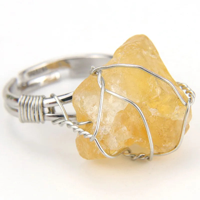 Men Women Large Stone Rings Wire Wrapped Crystal Resizable Gem Ring