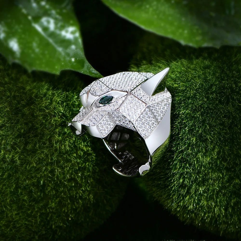 MuShan Luxury Platinum Plated Women's Wedding Party Leopard Head Ring High Carbon Diamond Precision Crafted Pure Silver Jewelry