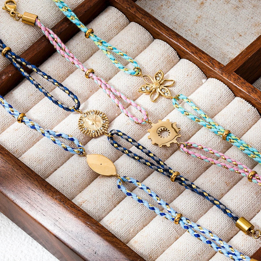 Joolim High End Gold Plated Waterproof Boho Woven Rope Sunburst Zirconia Pendant Stainless Steel Bracelet Wholesale Jewelry