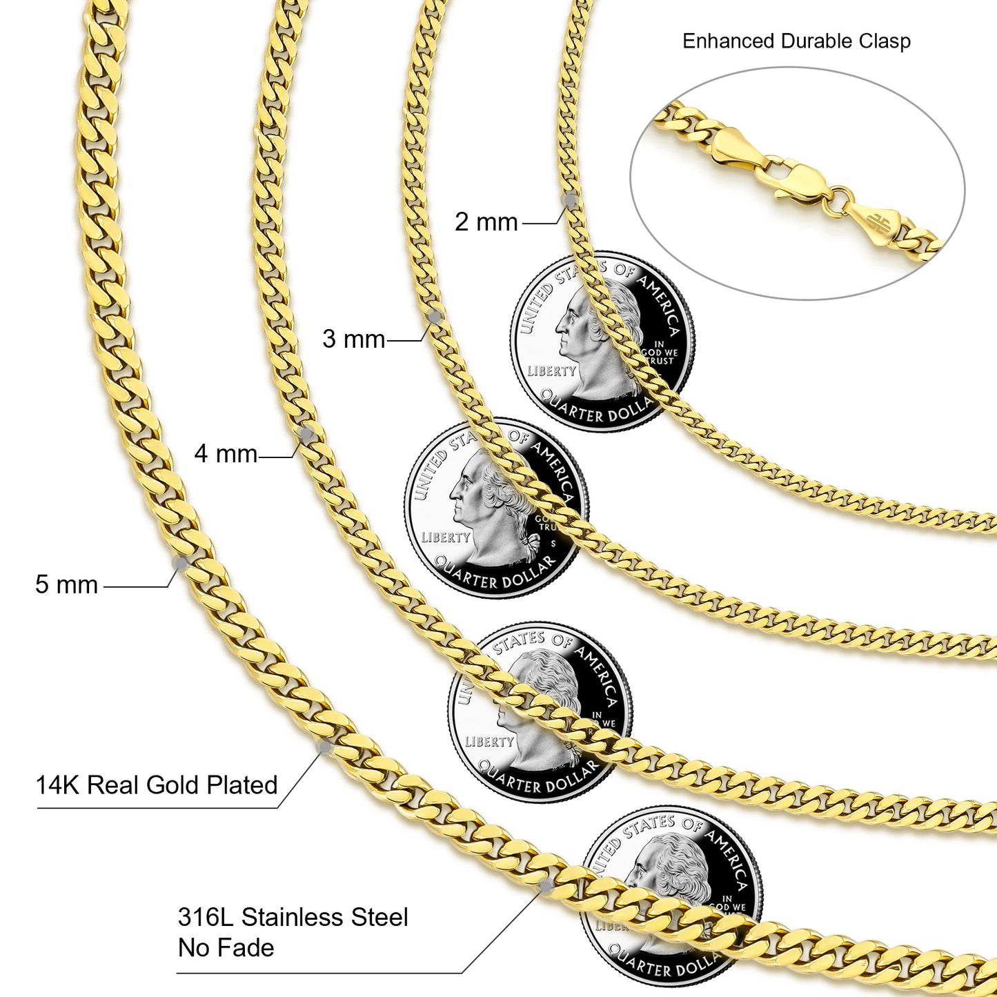 2MM 3MM 4MM Miami Cuban Stainless Steel Womens Jewelry 14K Real Gold Plated Lobster Clasp Cuban Curb Link Chain Men Necklace