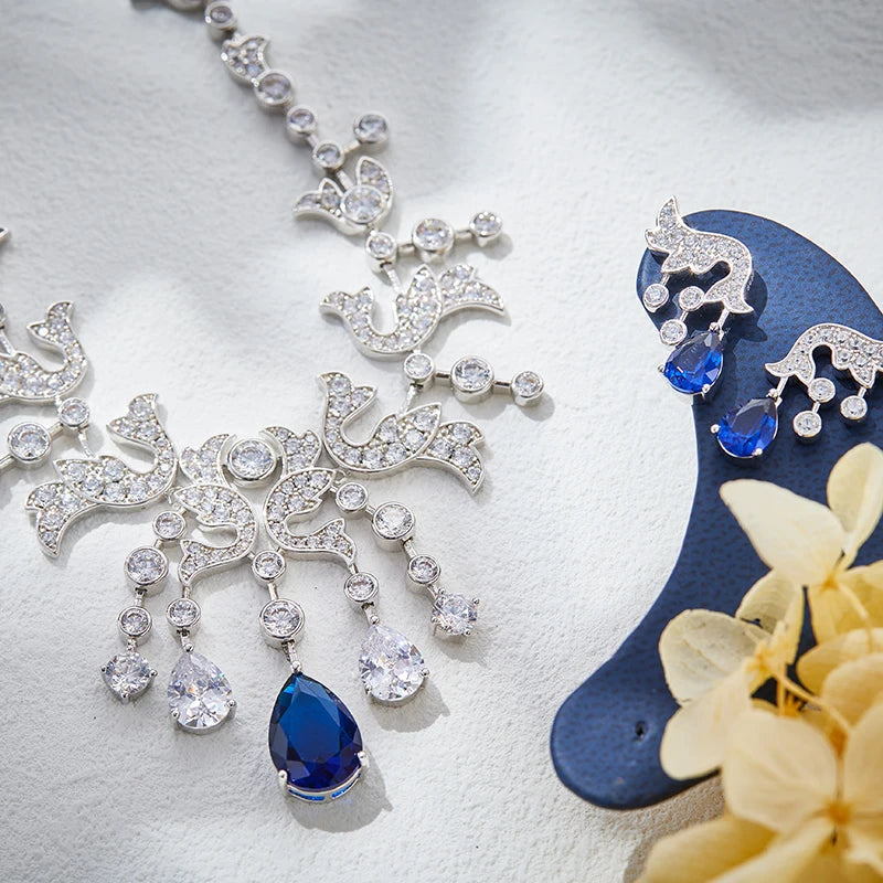 High End Luxury Atmospheric Droplet Shaped Colored Zircon Wing Necklace Earrings for Women's Evening Wear Two-piece Set