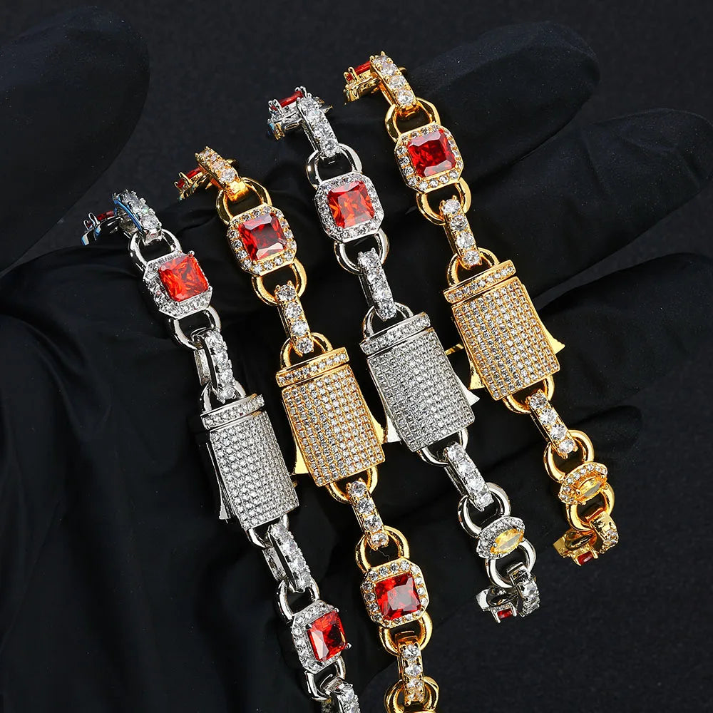 S&S NUOYA Hip Hop Jewelry 18K Gold Plated Gemstone Chain Bracelet Womens Heart Shape Red Zircon Geometric Design Link Chain for Gift