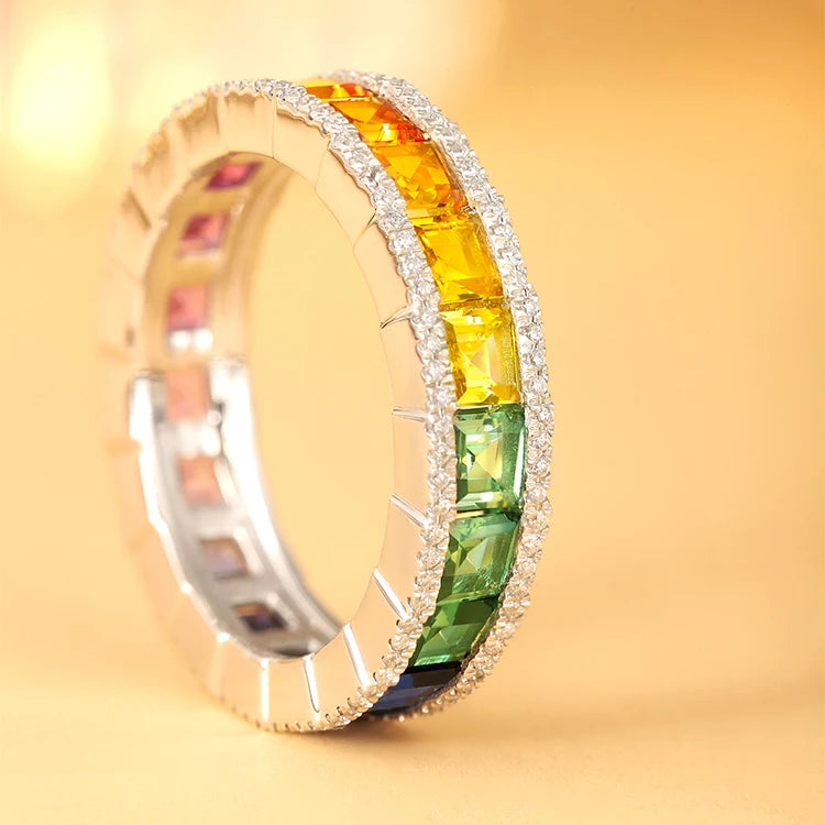 Gemfiori New Arrival Eternity Band Ring Sterling 925 Silver Rainbow Diamond Rings for Women Christmas Gift Envio Gratis