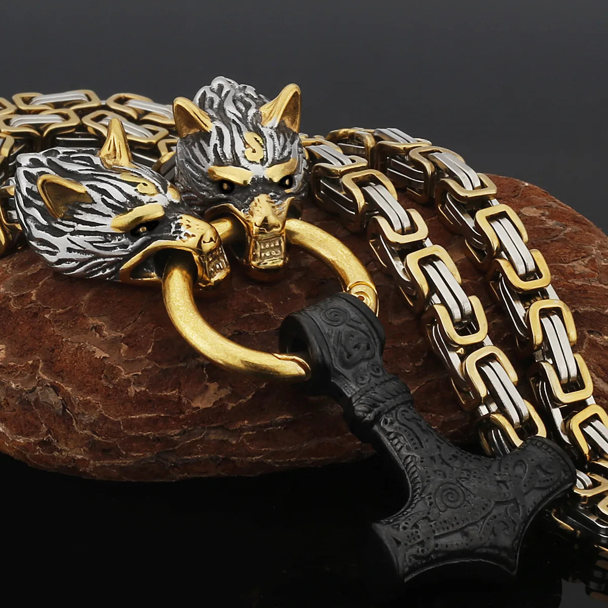 Wholesale Men's Stainless Steel Punk Pendant Necklace Gold Plated Thor Hammer Mjolnir for Mens Jewelry