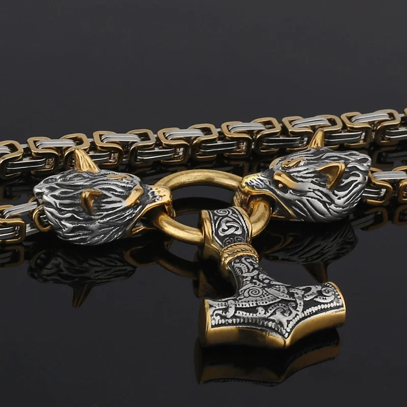 Wholesale Men's Stainless Steel Punk Pendant Necklace Gold Plated Thor Hammer Mjolnir for Mens Jewelry