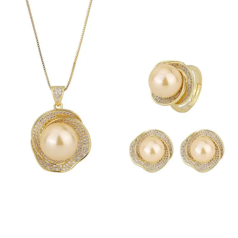 Gemfiori Fashionable and Versatile Rose Freshwater Pearl Pendant Necklace Light Luxury and Elegant Jewelry Set