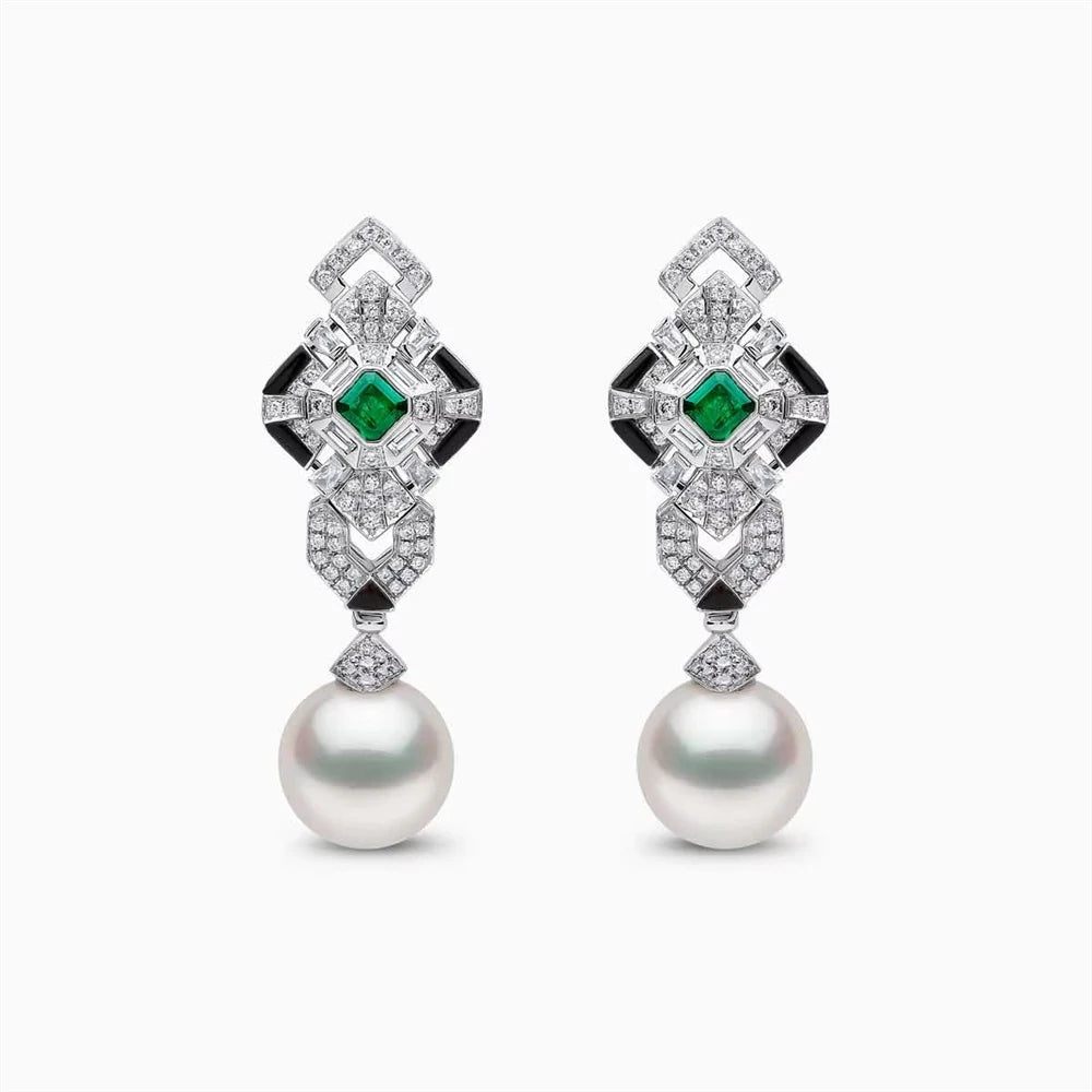 S925 Silver Freshwater Pearl & Zircon Earring Necklace Set Luxurious Geometric Lines Design Fine Jewelry for Gift