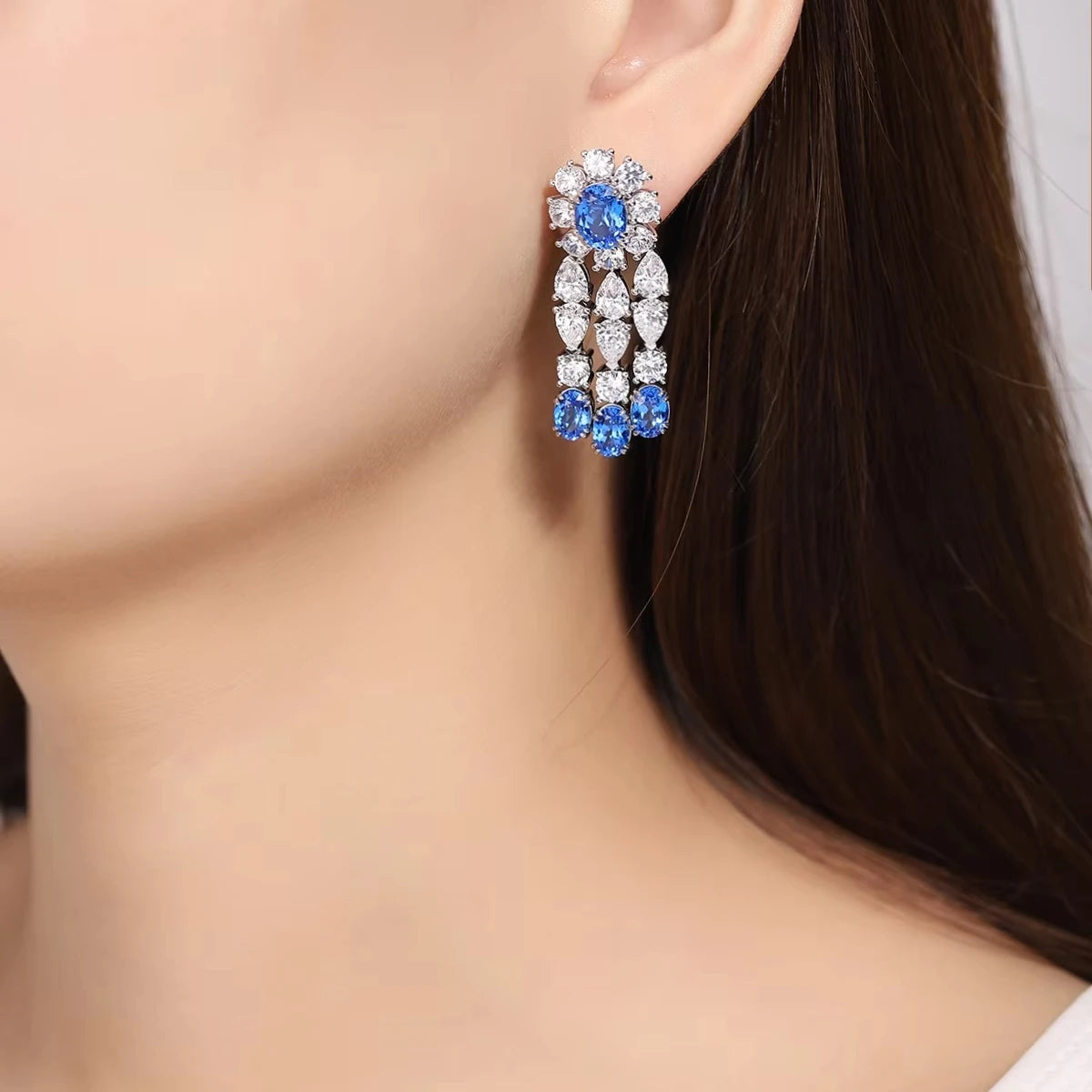 Gemfiori Custom Cobalt Spinel Drop Vintage Lab Grown Gemstone Rhodium Plated 925 Sterling Silver Earrings for Her Gift Ideas