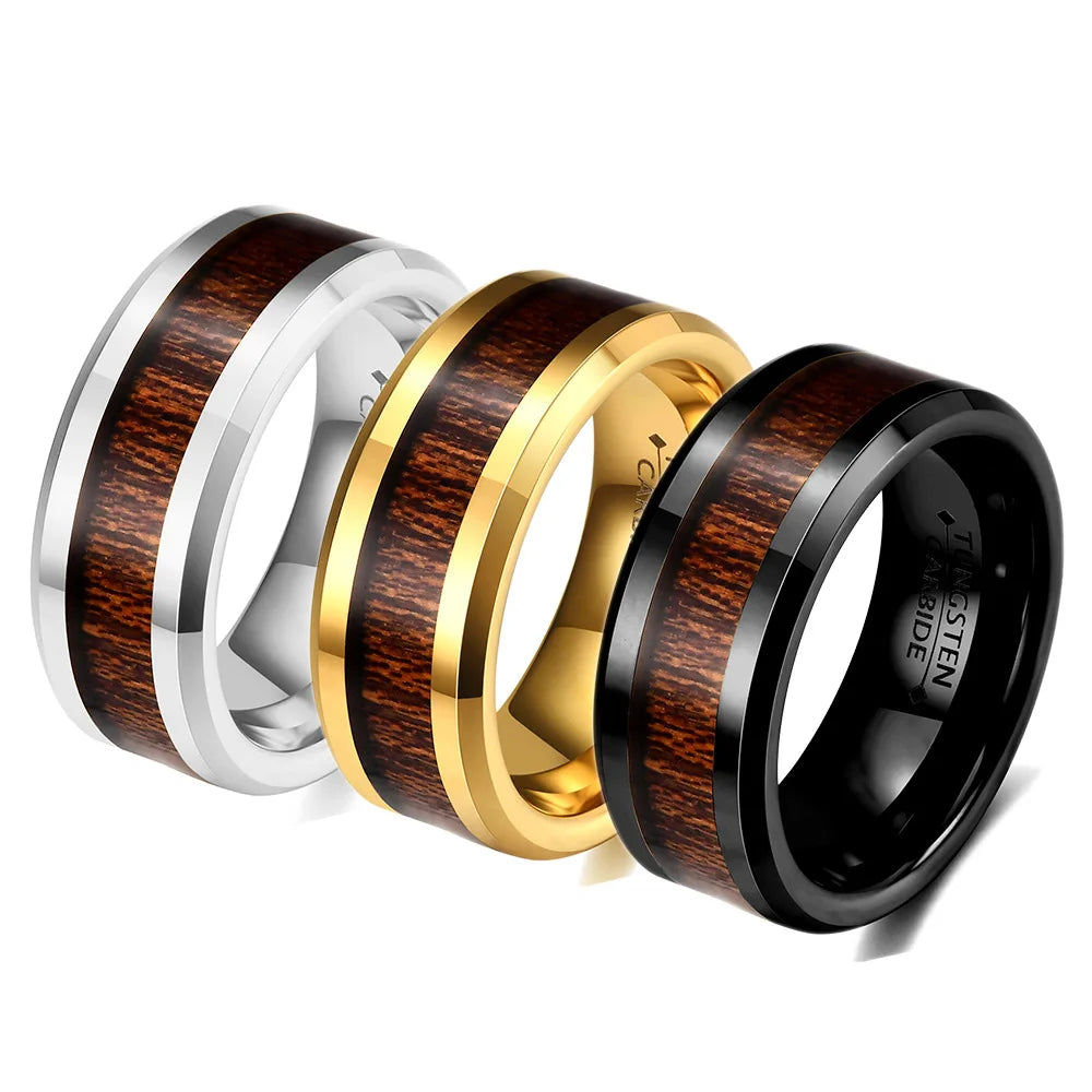 Vintage 8mm Classic Tungsten Carbide 18K Gold Plated Wood Inlay Geometric Wedding Band Ring for Men Nature Collection