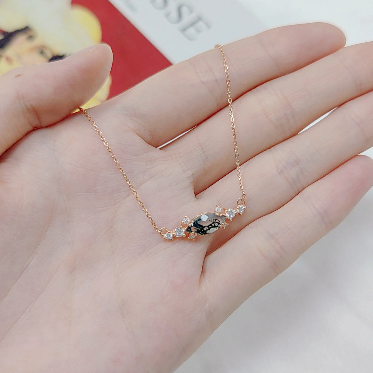 ArtistA Abiding Delicate Summer Jewelry 925 Silver Cubic Zirconia Decoration Natural Green Moss Agate Marquise Cut Ring Necklace Set