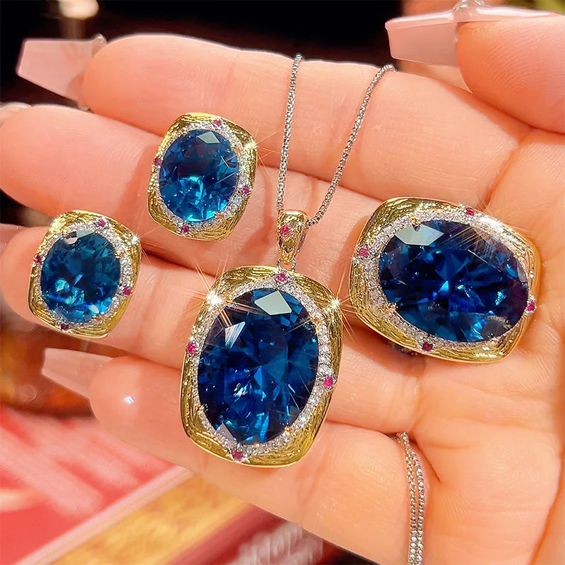 Gemfiori New Hot Selling Royal Noble Blue Egg Shaped Zircon Pendant Earrings and Rings Set for Dinner and Party Accessories