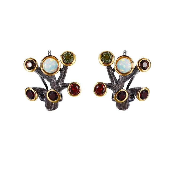 Tree Branch Design Opal Gemstones 925 Sterling Silver Clip-on Earrings