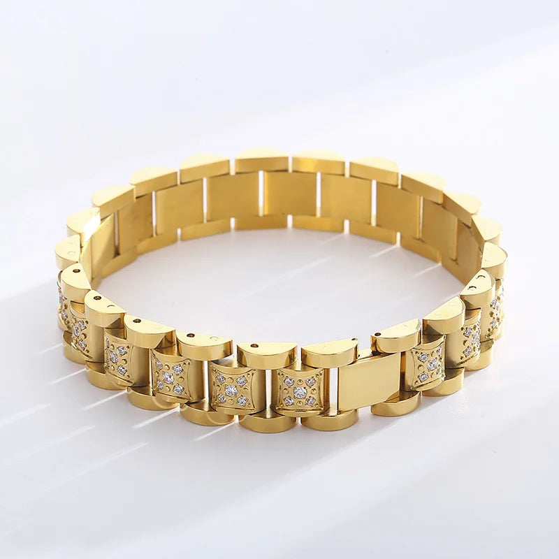 KALEN Men Vintage 210mm Gold/Silver Plated Stainless Steel Rhinestones Watchband Link Bracelets