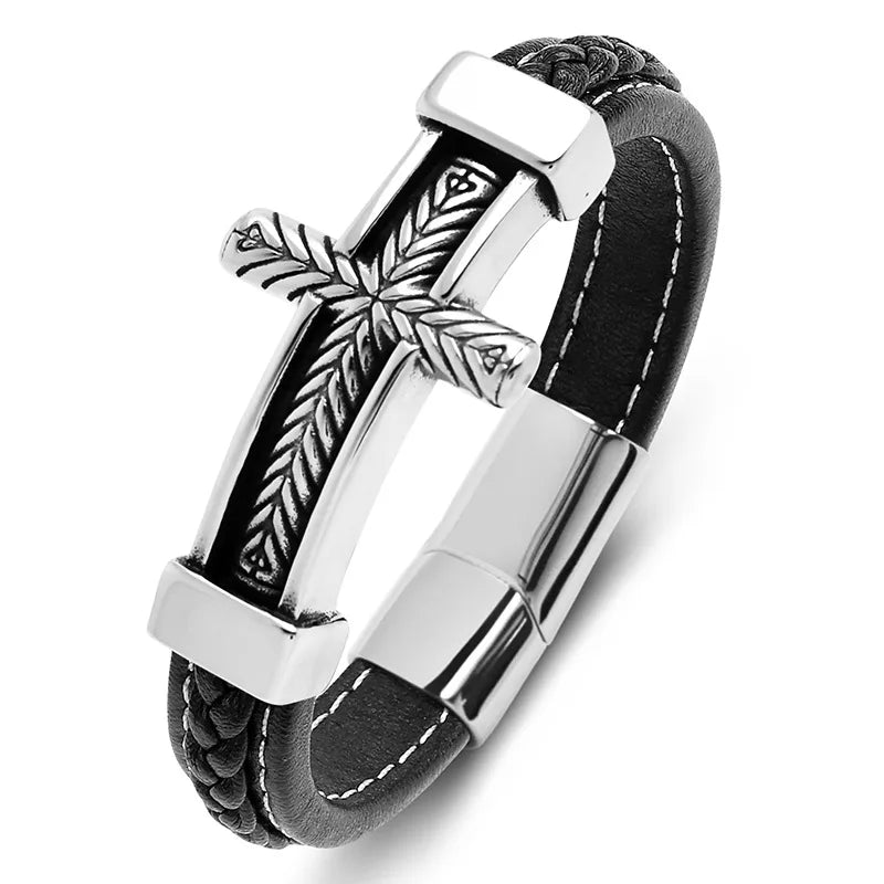 REBEL FASHIONISTA Hot Sale Male Magnetic Pattern Cross Style Stainless Steel Accessories Double-Layer Leather Bracelet Wearing Accessories