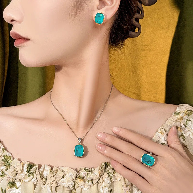REDheart Women's Copper Inlaid Zircon Plated Two-Color Open Ring Copper Base Gold-Plated Imitation Paraiba Blue Wedding Party Set