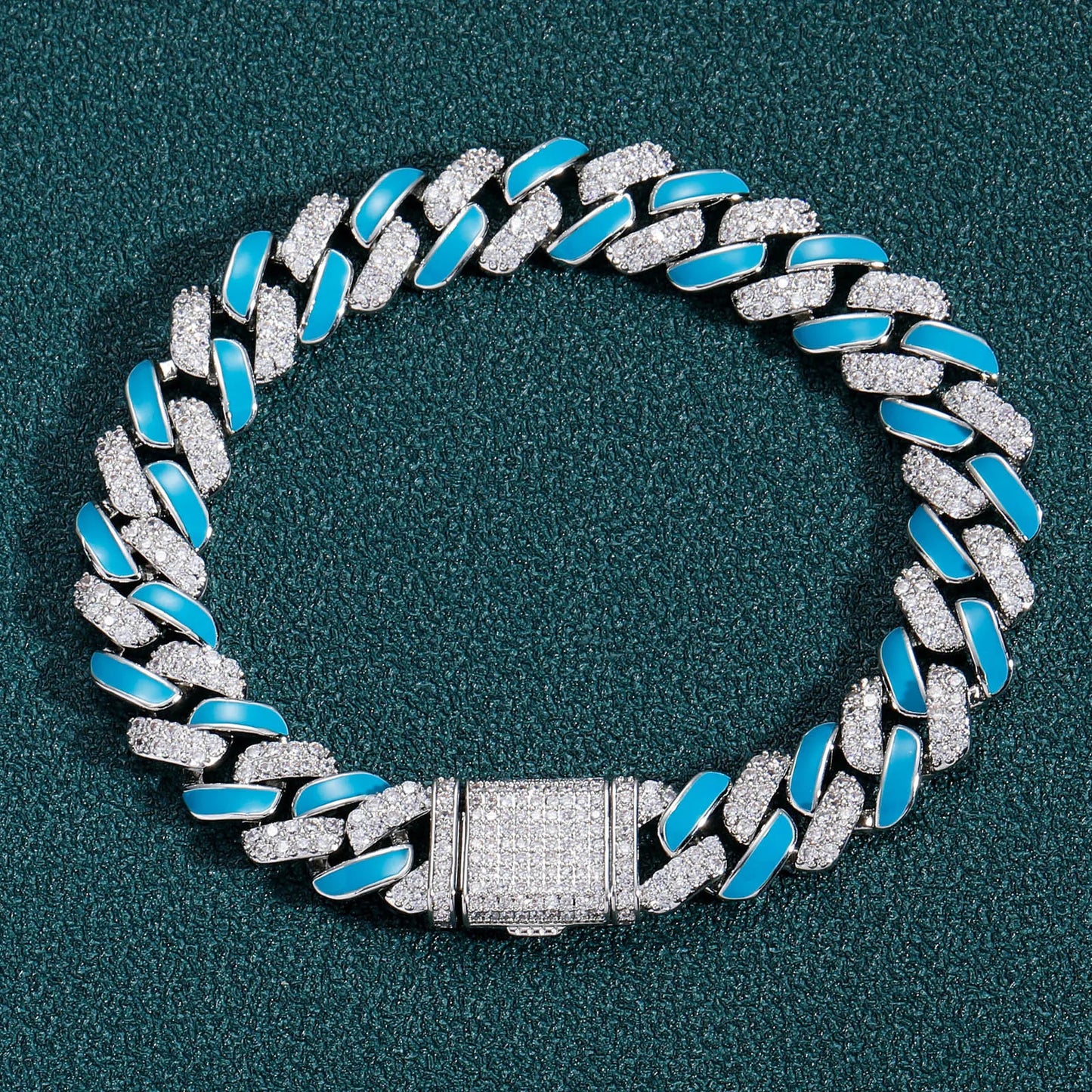 Trendy Hip Hop Jewelry 12mm Wide Bling CZ Iced Out Blue Enamel Strips Cuban Link Chain Bracelet for Women and Men