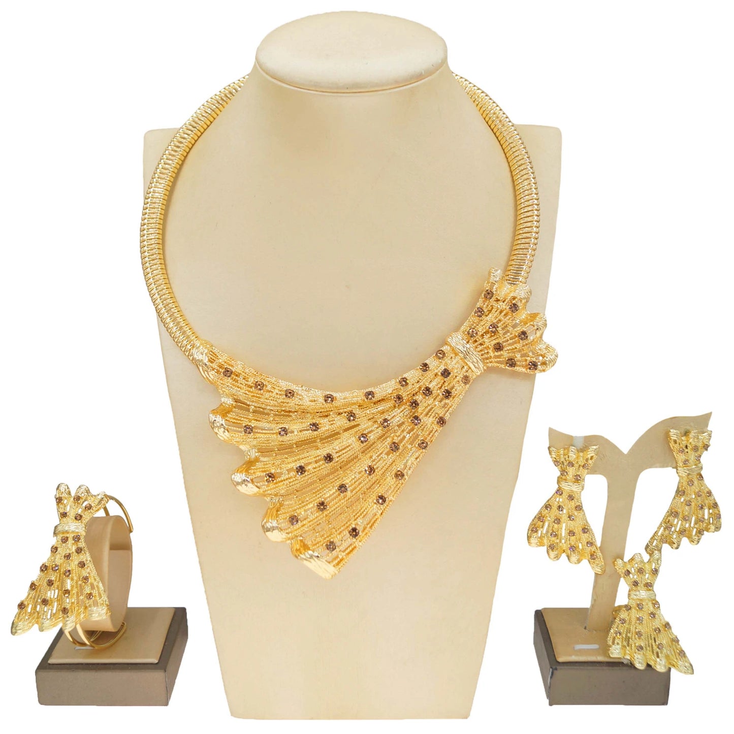 Zhuerrui Hot Selling Diamond Set High Quality Jewelry Set Brass Gold Plated Bow Earrings Dubai Wedding Jewelry Four SetsH00771