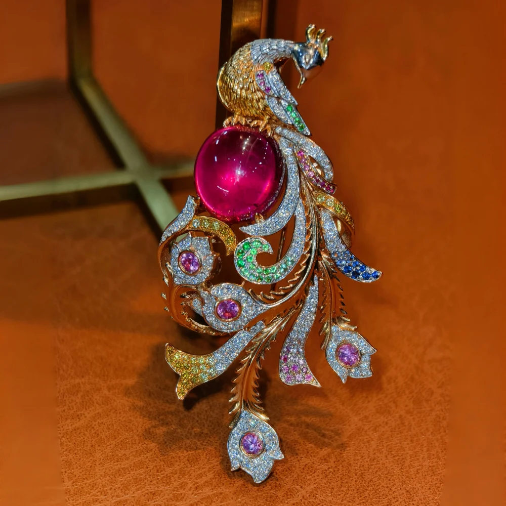 Luxurious Jewelry Multi-functional 18K Solid Gold Natural Tourmaline Phoenix Brooch Colored Gemstone Women's Wedding Gift Party