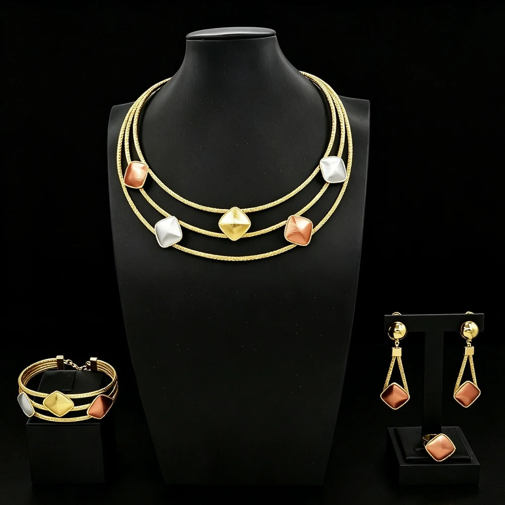 Zhuerrui Three Tone Layered Gold Plated 4Pcs Jewelry Set Necklace Bangle Earrings Ring for Wedding Daily Wear HS26009