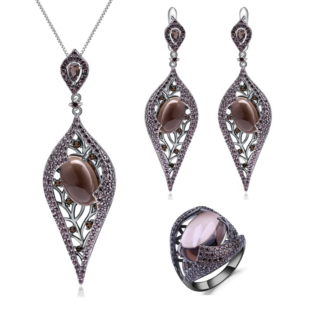 ArtistA Abiding 925 Sterling Silver Vintage Black Gunmetal Plated Natural Smoky Quartz Ring Earring Necklace Jewelry Set for Wedding