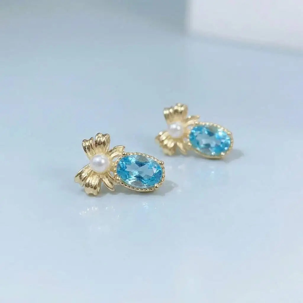 Gioiellieri Natural Swiss Blue Topaz Stud Earrings with S925 Sterling Silver Setting Elegant Romantic Fine Gemstone Jewelry Anniversary Gift