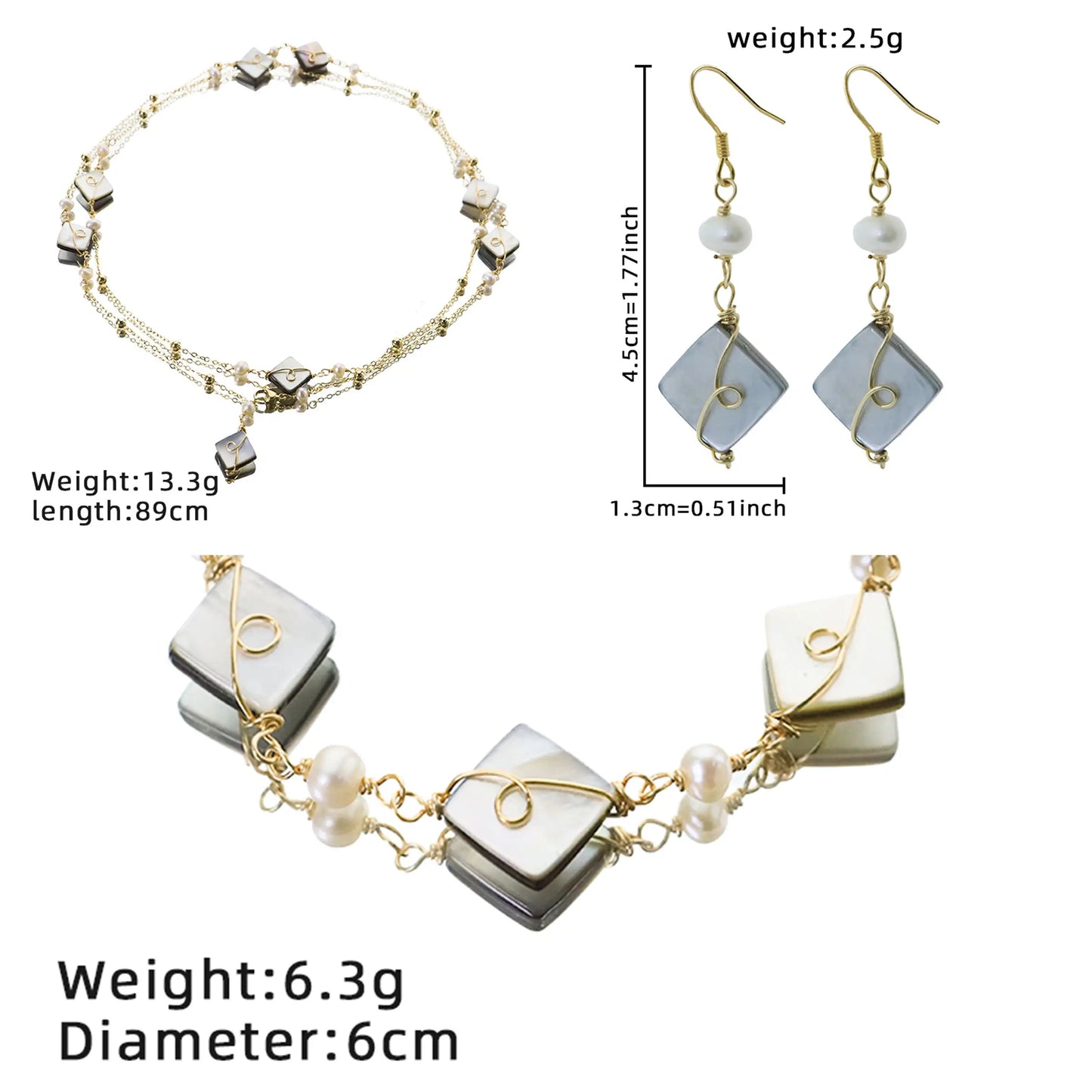 Natural Pearl Rhombus Shell Sterling Silver Ear Hook Necklace Bracelet Luxury Design Women's Jewelry Set Accessories GS0209