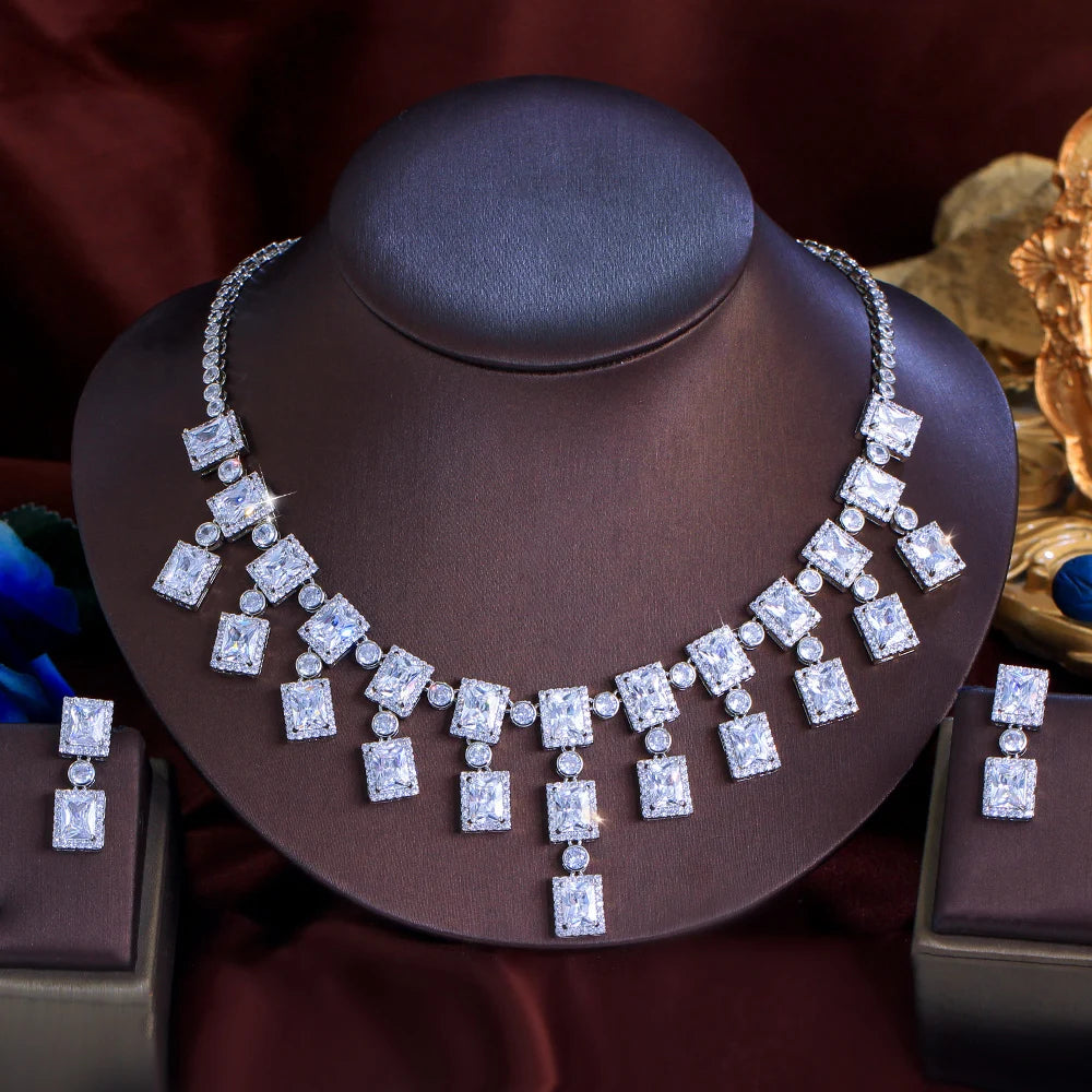High Quality Luxury Necklace and Earrings Brass Square Cubic Zirconia White Tassel Jewelry Set for Women Wedding Bridal Jewelry