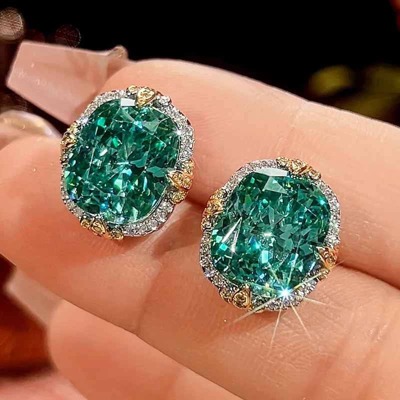 Gemfiori High End Green Pendant Ring Earrings Inlaid with square Zirconia Light Luxury Niche Design Temperament Princess square Set