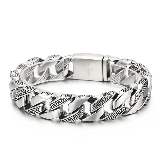 KALEN 22cm High Polished Engrave Symbol Retro Stainless Steel Mens Cuban Chain Link Bracelet