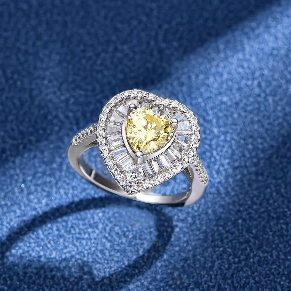 MuShan Jewelry Factory Heart Shaped 7mm Light Yellow Main Diamond 925 Silver Ring Women High Carbon Diamond pink Diamond Ring