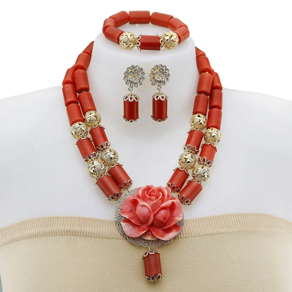 Zhuerrui Elegant Red Coral Beads Design Set Gold Accessories Necklace Sets Exquisite Craftsmanship Suitable for Party YL248