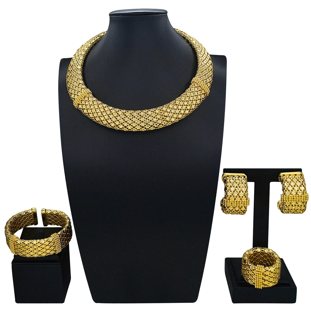 Zhuerrui Italian Jewelry Set Brazilian Gold Plated Brass Jewelry Sets Wedding Party Necklace Bracelet Earrings Ring Jewellery