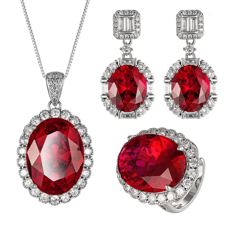 Gemfiori European and American Atmospheric Pigeon Egg Zircon Inlaid Pendant Earrings Ring Three Piece Set Banquet Party Accessories
