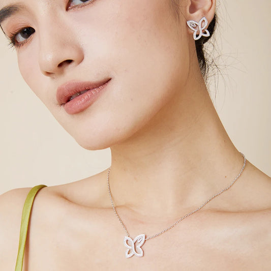 Brass Three Piece Set Women's Necklace Earrings Small butterfly Hollow Design Zircon Inlay Cute and Suitable for Daily Use
