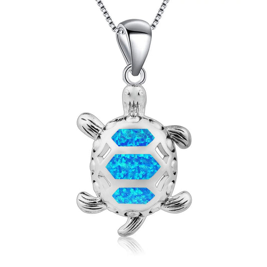 Women's Marine Turtle Opal Pendant Necklace Silver Plated Copper Alloy Blue Fire Opal Shell Inlaid Trendy Design Gift | Coastal