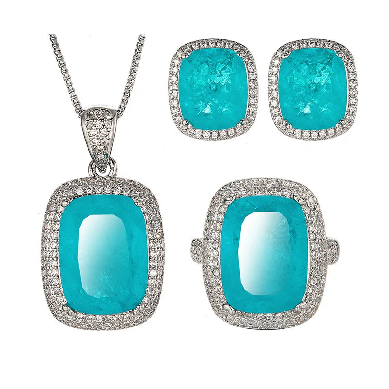 REDheart Brass Zircon Flower Shape Pendant Simulation Paraba Blue Gold Plated Trendy Women's Jewelry Set