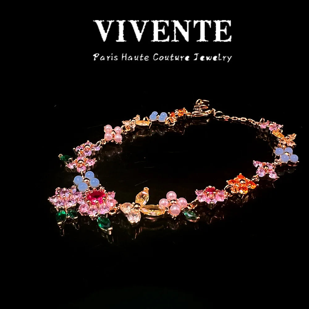 KS New Floral Colored Gemstone Jewelry Set: High-end, Light Luxury, American Niche Design, 24K Copper-plated Necklace, Bracelet