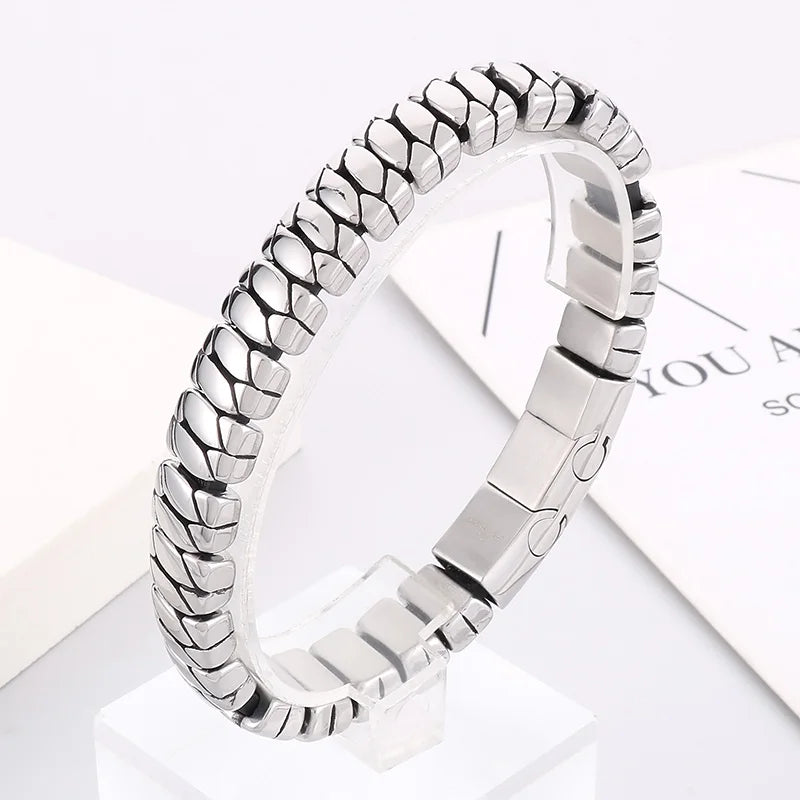 REBEL 225mm Fashion Leather&Stainless Steel Snake Scale Links Bracelet Bangle