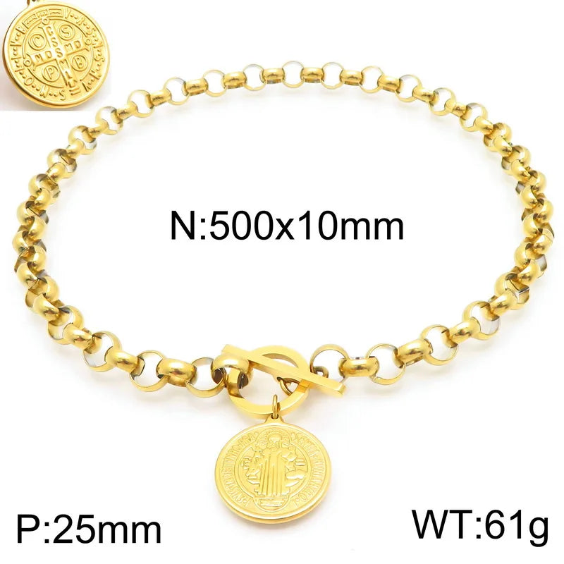 Kalen European and American Portrait Round Pendant Round Bead Chain OT Clasp Hiphop Necklace Stainless Steel Jewelry Set