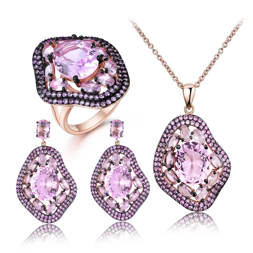 Nano Pink Morganite Jewelry Sets Gemstone Pendant Necklace Rings Drop Earrings 925 Sterling Silver for Women Best Gift
